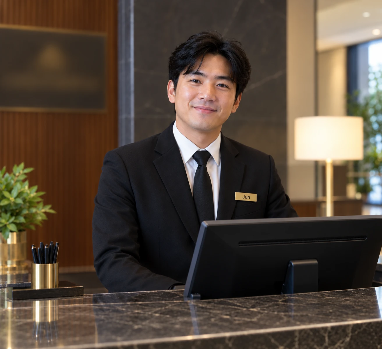 Concierge on duty at the front desk of a residential building lobby